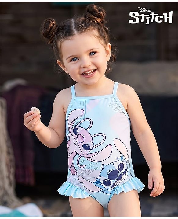 Babyhug Disney Lycra Sleeveless V Cut Swimsuit With Lilo & Stitch Graphics - Blue