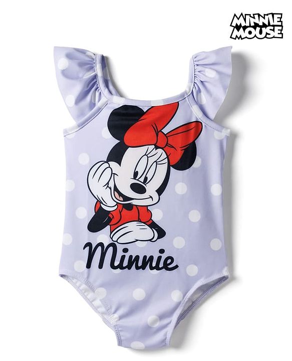 Babyhug Disney Sleeveless V Cut Swimsuit with Frill Design & Minnie Mouse Print - Purple & Red