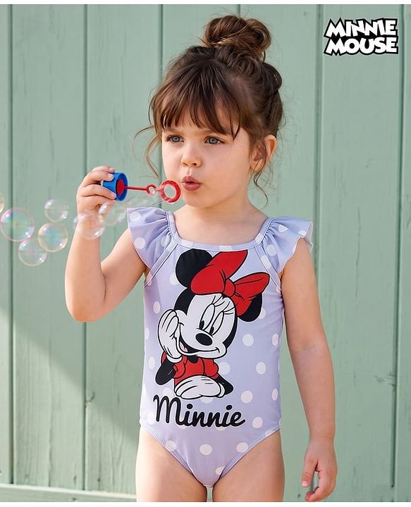 Babyhug Disney Sleeveless V Cut Swimsuit with Frill Design & Minnie Mouse Print - Purple & Red