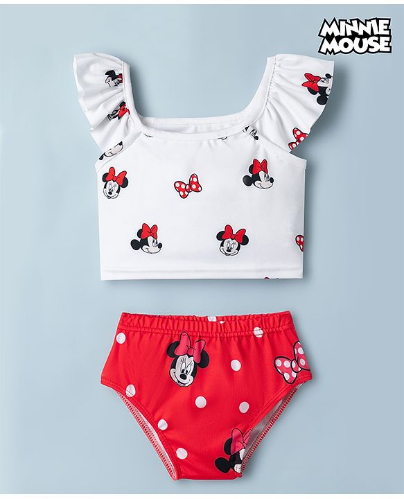 Babyhug Disney  Sleeveless Two Piece Swimsuit With Minnie Mouse Family Graphic - White