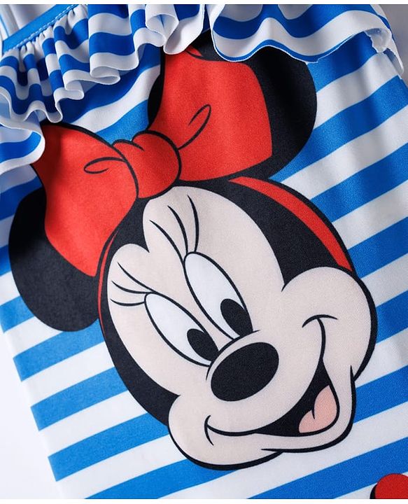 Babyhug Disney Sleeveless V Cut Swimsuit with Frill Design & Minnie Mouse Print - Blue