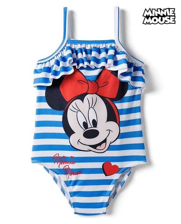 Babyhug Disney Sleeveless V Cut Swimsuit with Frill Design & Minnie Mouse Print - Blue