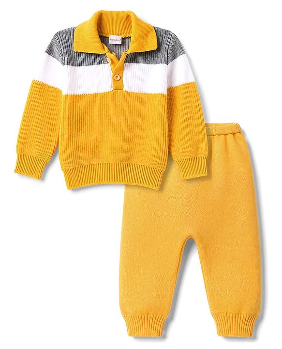 Babyhug Knitted Full Sleeves Striped Sweater Set - Mustard