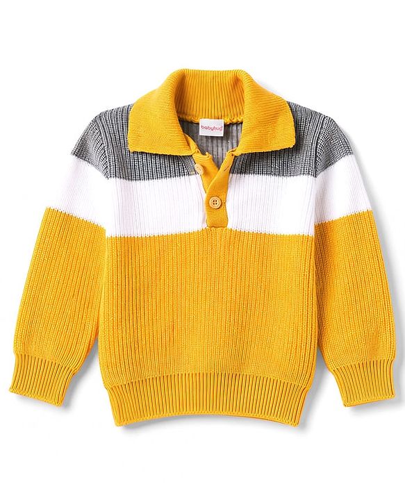 Babyhug Knitted Full Sleeves Striped Sweater Set - Mustard