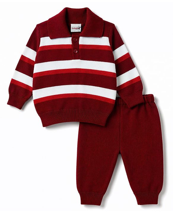 Babyhug Knit Full Sleeves Striped Sweater & Pant Set - Maroon