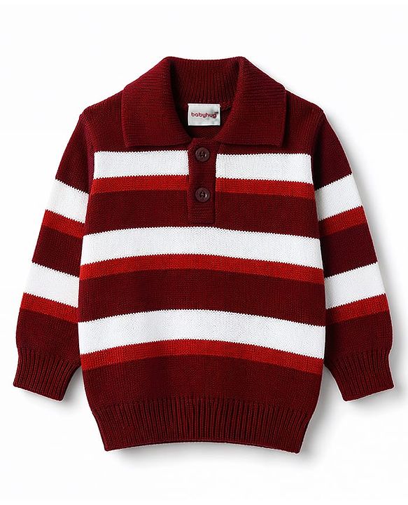 Babyhug Knit Full Sleeves Striped Sweater & Pant Set - Maroon