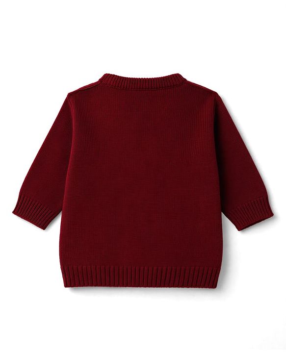Babyhug Knitted Full Sleeves Sweater Set With Deer Design - Maroon