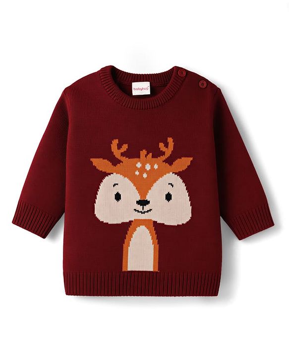 Babyhug Knitted Full Sleeves Sweater Set With Deer Design - Maroon