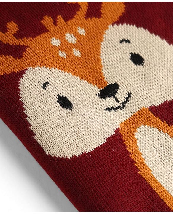 Babyhug Knitted Full Sleeves Sweater Set With Deer Design - Maroon