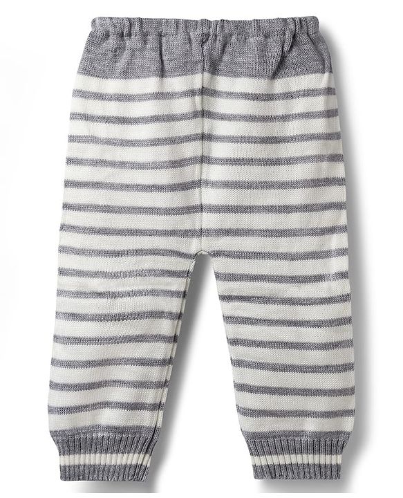Babyhug Knit Full Sleeves Sweater Set With Stripes & Polka Dots & Bunny Design - Grey