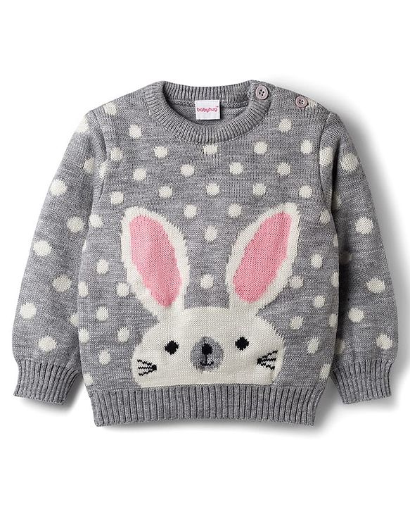 Babyhug Knit Full Sleeves Sweater Set With Stripes & Polka Dots & Bunny Design - Grey