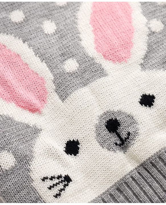Babyhug Knit Full Sleeves Sweater Set With Stripes & Polka Dots & Bunny Design - Grey