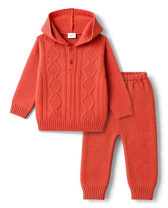 Babyhug Knitted Full Sleeves Hooded Sweater Set - Red
