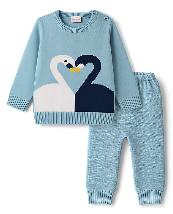 Babyhug Knitted Full Sleeves Sweater Set With Swan Print - Light Blue