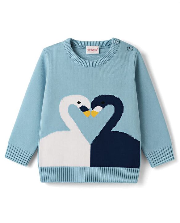 Babyhug Knitted Full Sleeves Sweater Set With Swan Print - Light Blue