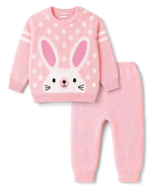 Babyhug Knitted Full Sleeves Sweater Set With Bunny Print - Pink