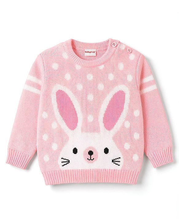 Babyhug Knitted Full Sleeves Sweater Set With Bunny Print - Pink