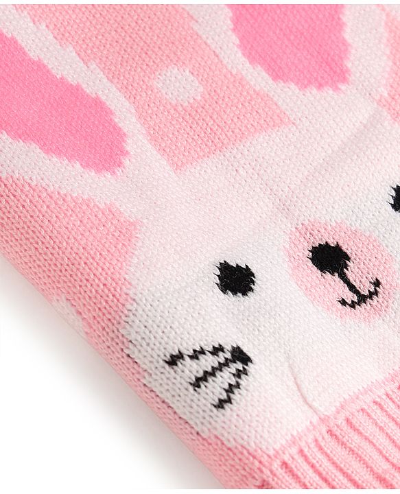 Babyhug Knitted Full Sleeves Sweater Set With Bunny Print - Pink