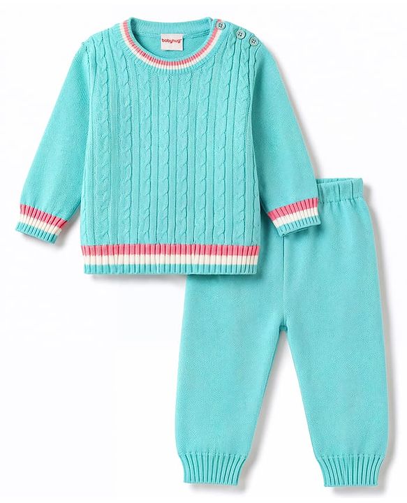 Babyhug Knitted Full Sleeves Solid Sweater Set with Cable Knit Design - Light Blue