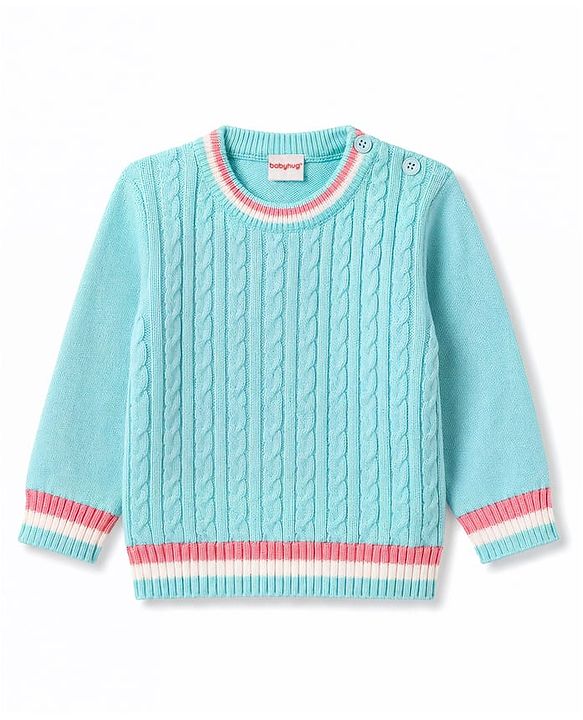 Babyhug Knitted Full Sleeves Solid Sweater Set with Cable Knit Design - Light Blue