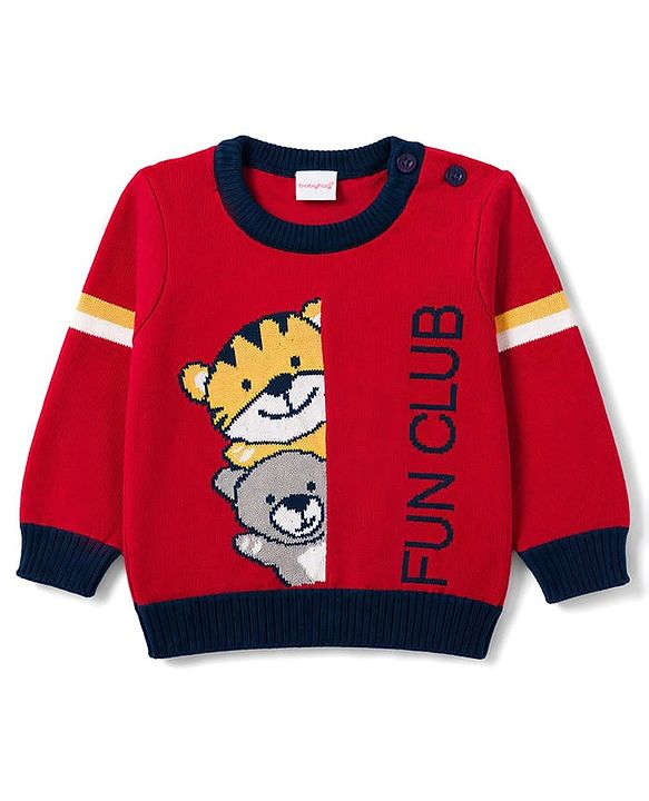 Babyhug Knitted Full Sleeves Sweater Set With Animal Design - Red