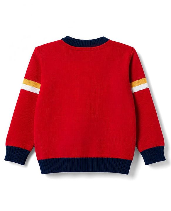 Babyhug Knitted Full Sleeves Sweater Set With Animal Design - Red