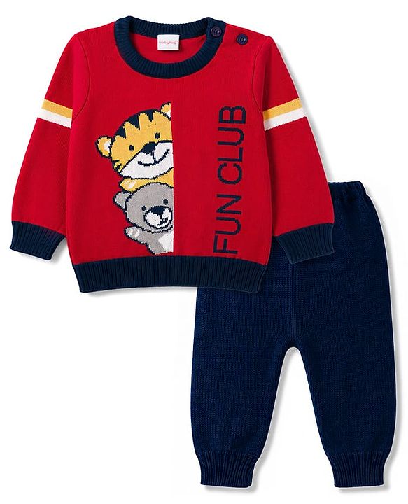 Babyhug Knitted Full Sleeves Sweater Set With Animal Design - Red