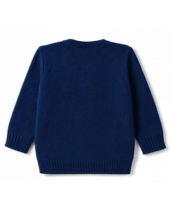 Babyhug Knitted Full Sleeves Sweater Set With Tractor Design - Navy Blue