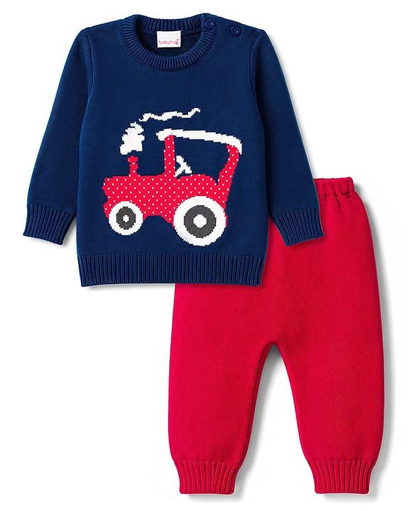 Babyhug Knitted Full Sleeves Sweater Set With Tractor Design - Navy Blue