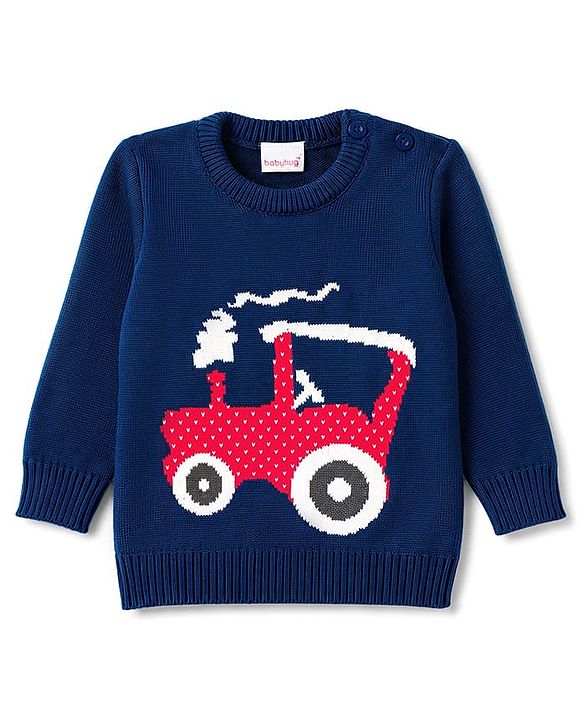 Babyhug Knitted Full Sleeves Sweater Set With Tractor Design - Navy Blue