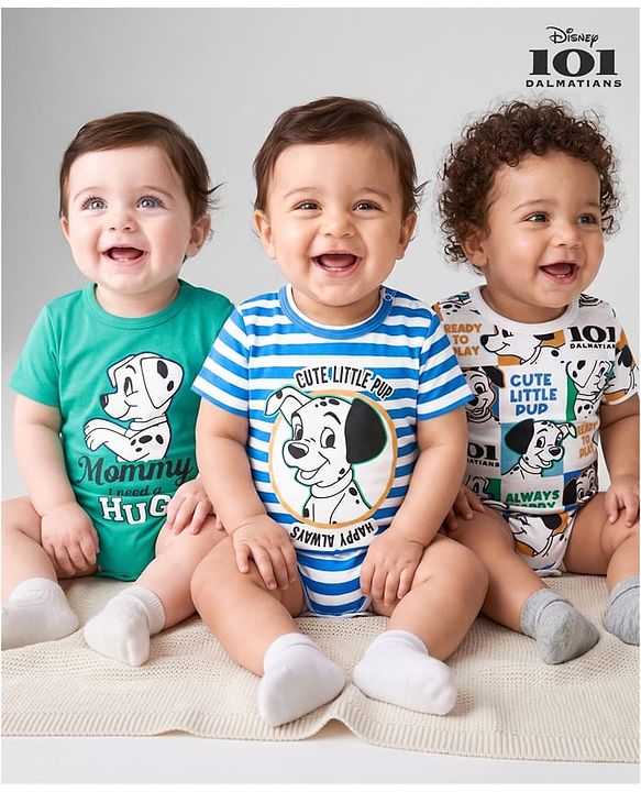 Babyhug Disney 100% Cotton Knit Half Sleeves Striped Onesies With 101 Dalmatians Graphics Pack Of 3 - Blue Green & White