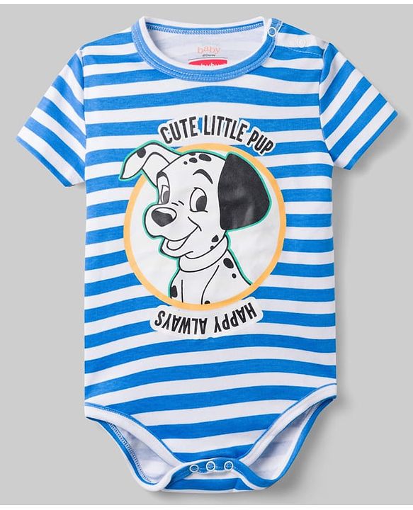 Babyhug Disney 100% Cotton Knit Half Sleeves Striped Onesies With 101 Dalmatians Graphics Pack Of 3 - Blue Green & White