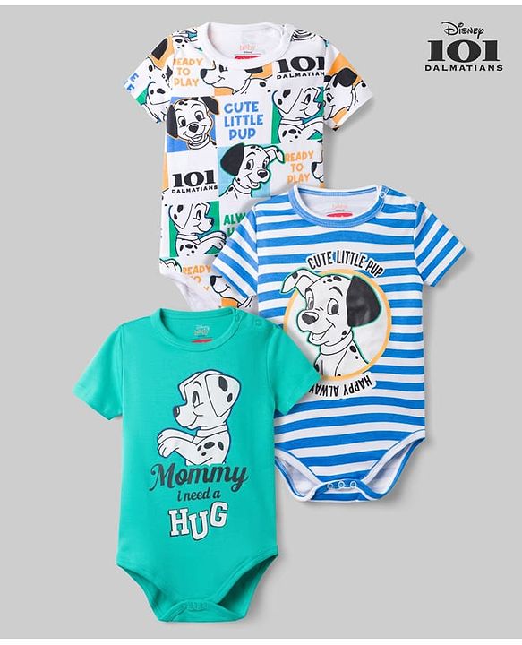 Babyhug Disney 100% Cotton Knit Half Sleeves Striped Onesies With 101 Dalmatians Graphics Pack Of 3 - Blue Green & White
