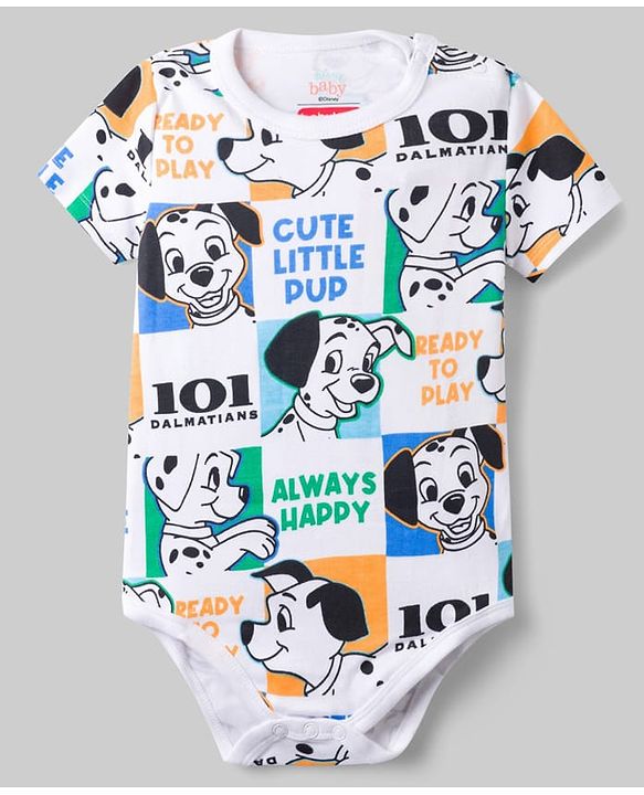 Babyhug Disney 100% Cotton Knit Half Sleeves Striped Onesies With 101 Dalmatians Graphics Pack Of 3 - Blue Green & White