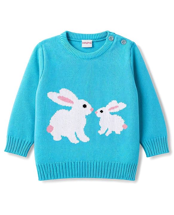 Babyhug Knitted Full Sleeves Sweater Set With Bunny Design - Light Blue