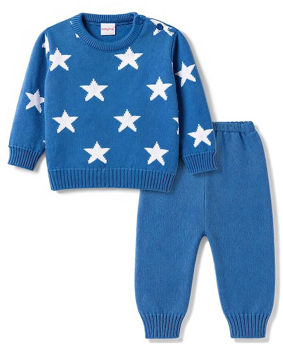 Babyhug Knitted Full Sleeves Sweater Set With Star Design - Blue
