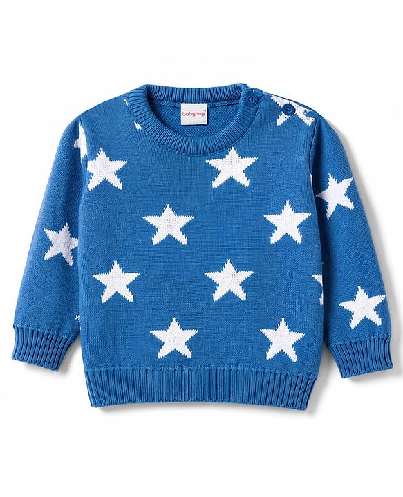 Babyhug Knitted Full Sleeves Sweater Set With Star Design - Blue