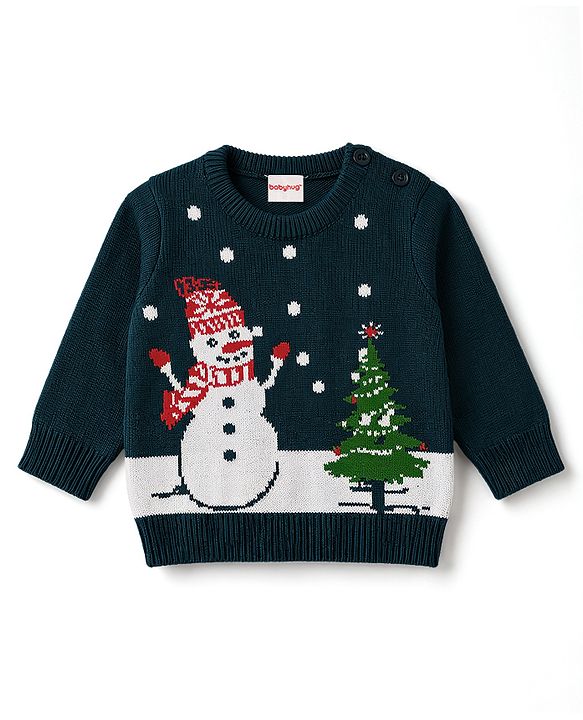 Babyhug Knitted Full Sleeves Sweater Set With Snowman Design - Navy Blue