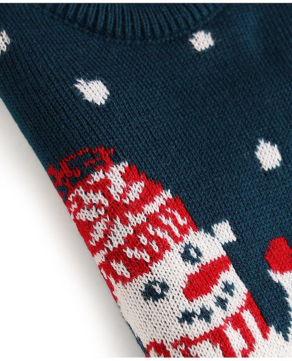 Babyhug Knitted Full Sleeves Sweater Set With Snowman Design - Navy Blue