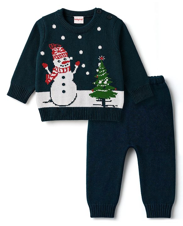 Babyhug Knitted Full Sleeves Sweater Set With Snowman Design - Navy Blue
