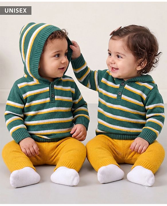 Babyhug Knit Full Sleeves Striped Hooded Sweater Set - Dark Green & Yellow