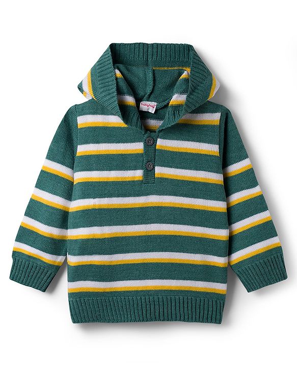 Babyhug Knit Full Sleeves Striped Hooded Sweater Set - Dark Green & Yellow