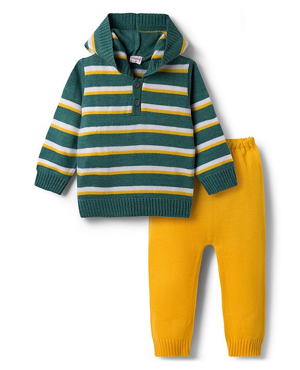 Babyhug Knit Full Sleeves Striped Hooded Sweater Set - Dark Green & Yellow