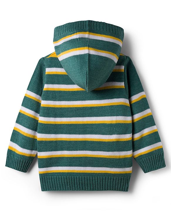 Babyhug Knit Full Sleeves Striped Hooded Sweater Set - Dark Green & Yellow