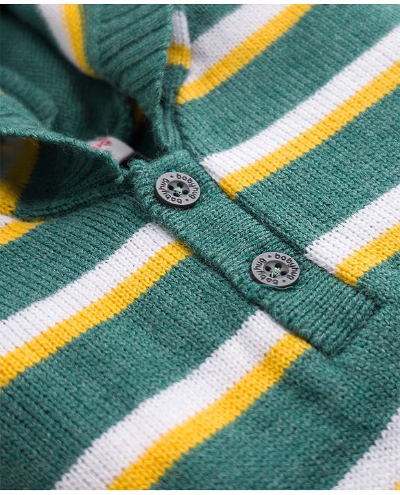 Babyhug Knit Full Sleeves Striped Hooded Sweater Set - Dark Green & Yellow