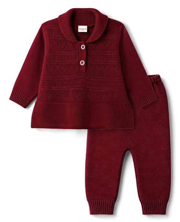Babyhug Knitted Full Sleeves Sweater Set - Wine