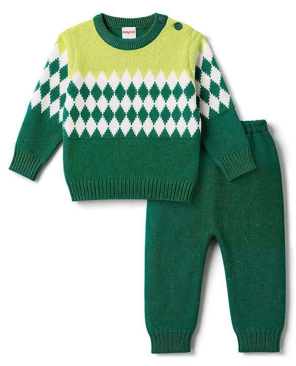 Babyhug Knitted Full Sleeves Sweater Set - Green