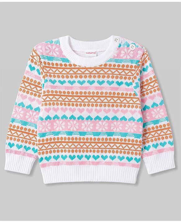 Babyhug Knitted Full Sleeves Sweater Set With Floral Design - Pink