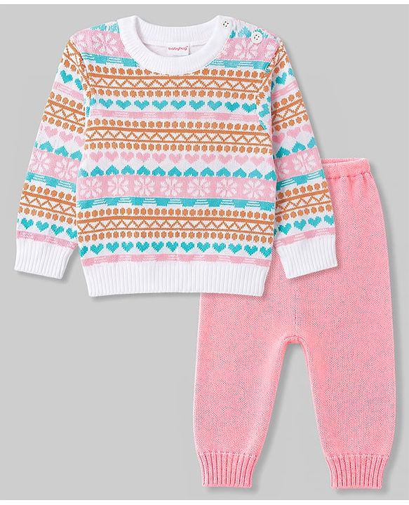 Babyhug Knitted Full Sleeves Sweater Set With Floral Design - Pink