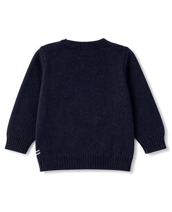 Babyhug Knitted Full Sleeves Sweater Set With Santa Design - Navy Blue